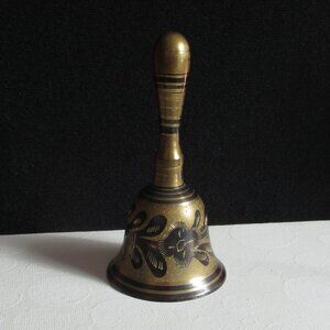 Etched. Floral Design, Vintage solid Brass, Hand Bell, India, black & gold
